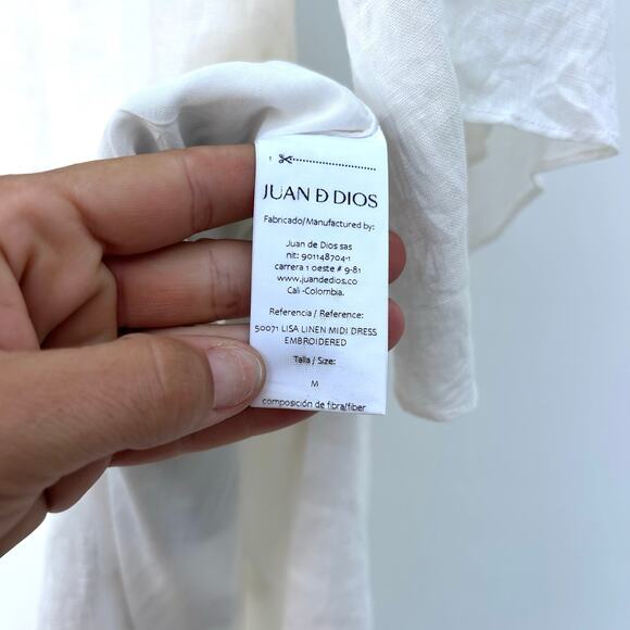 Juan de Dios Lisa Linen Midi Dress Embroidered Palm White Medium Caftan Cover-Up - Picture 6 of 13